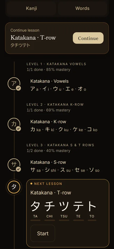 The Learn screen: the katakana path row by row, with the next lesson, タチツテト, ready to start