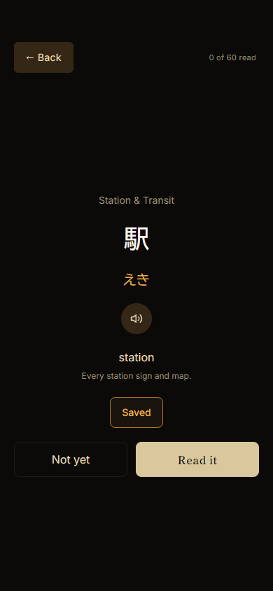 Kimariji Real Reading screen for the station kanji