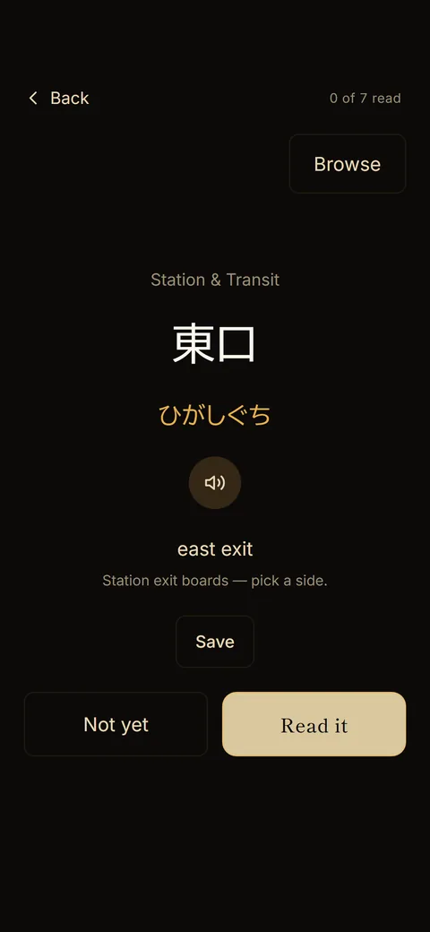Real reading card for the station sign 東口, higashiguchi, east exit