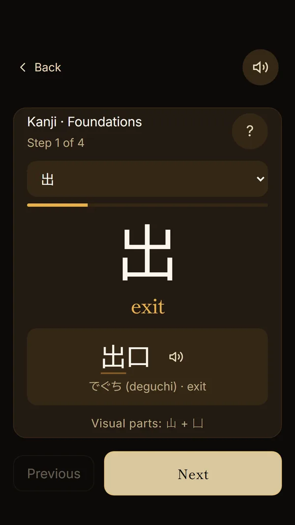 Kimariji kanji lesson: the kanji 出, exit, taught in the word 出口, deguchi