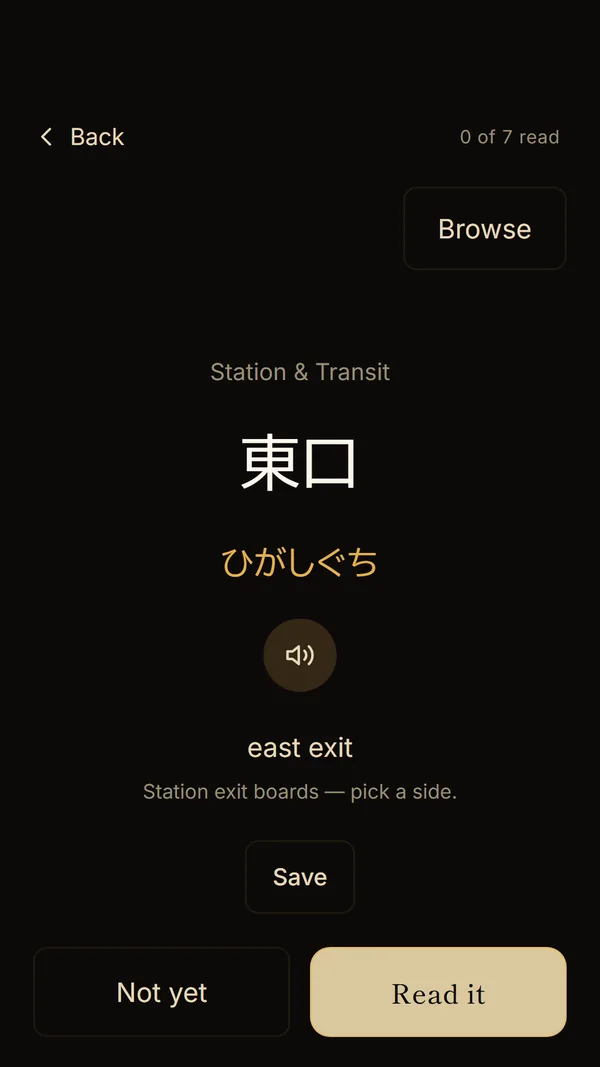 Real Reading card for the station sign 東口, east exit