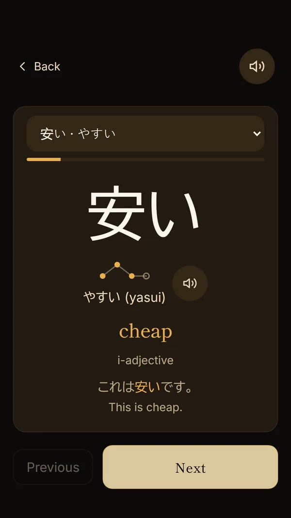 Word card for 安い, cheap, with the sentence これは安いです, This is cheap